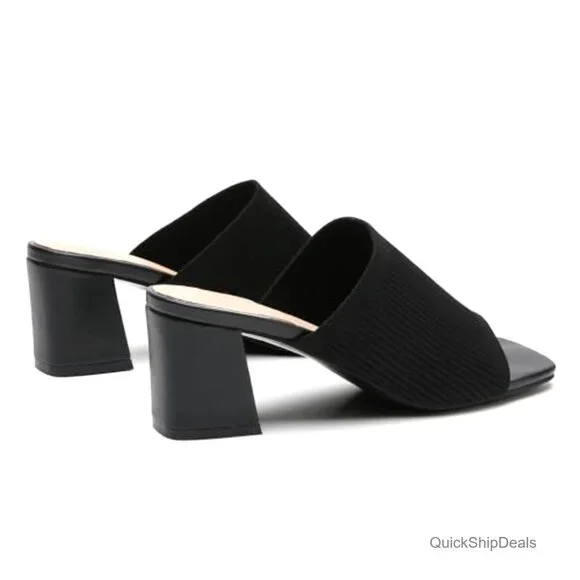 Knit Heeled Sandals, Square Toe Mules with Chunky Block Heel